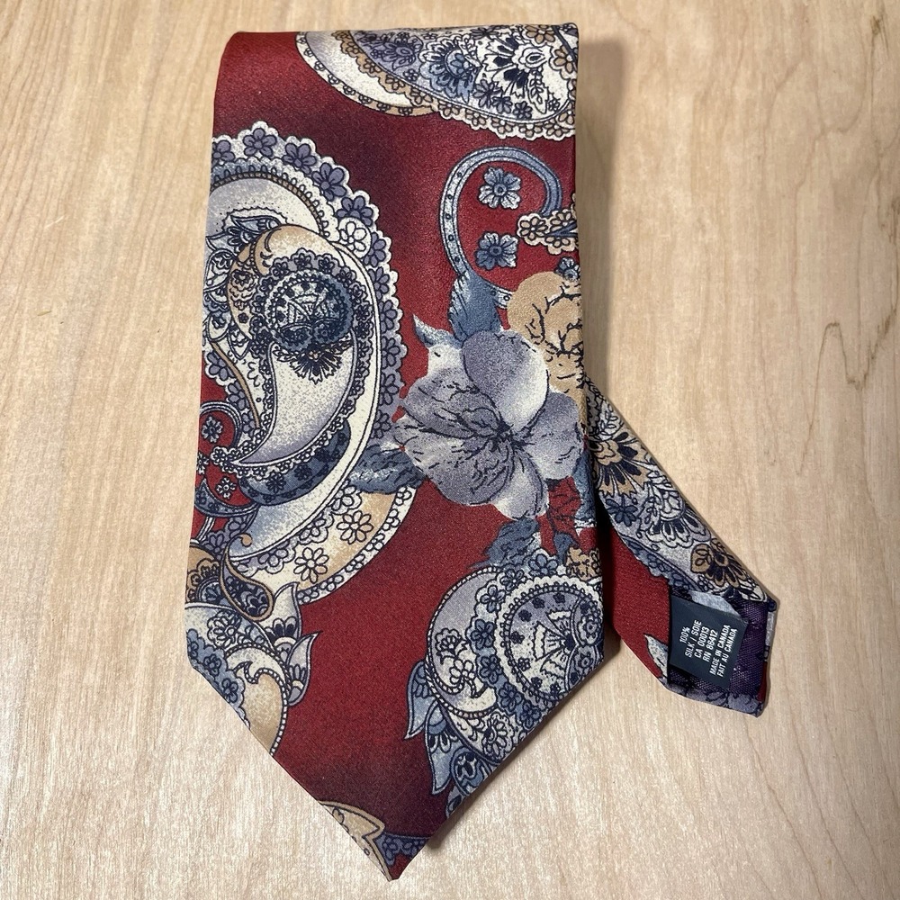 E.L.J. Abbey Vintage Silk Necktie Paisley &‎ Floral Dark Red & Gray